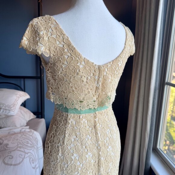 Vintage 1950s Daymor Originals Cream Lace Wiggle Dress w Robins Egg Velvet Bow - Picture 7 of 16